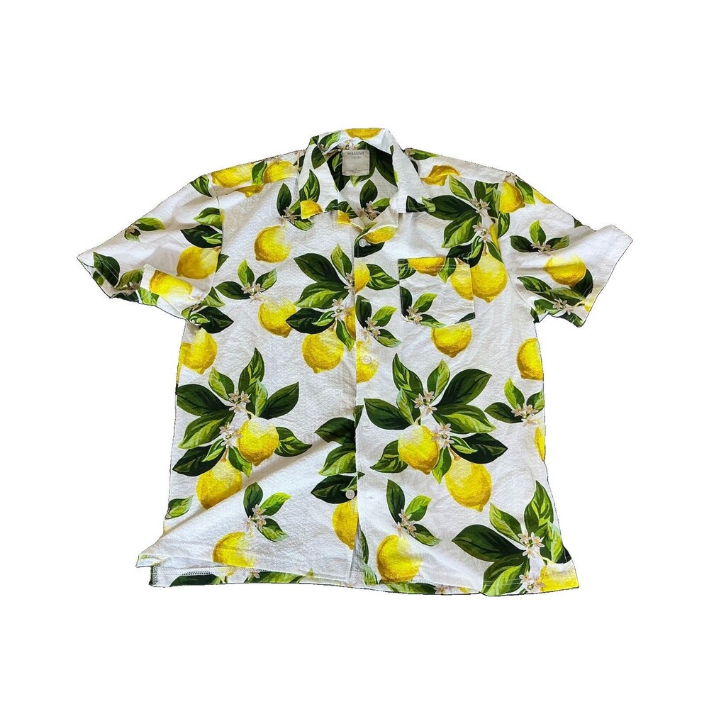 M Massive Mens Tropical Floral Lemon Print SS Button Up Shirt Point Collar